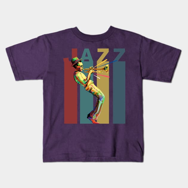 Jazz, Retro design with a jazz trumpet player Kids T-Shirt by Blended Designs